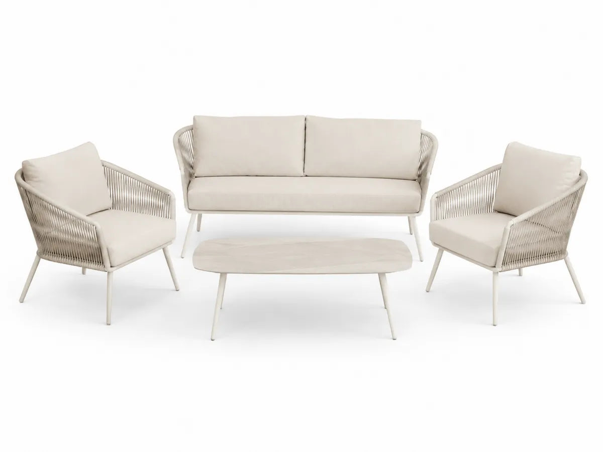 Zestaw mebli ogrodowych beżowy aluminium poliester lina sofa fotel stolik