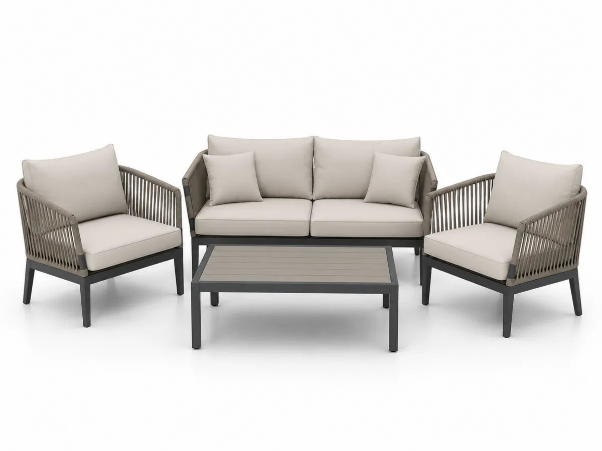 Zestaw mebli ogrodowych: sofa, fotele i stolik, metal i poliester, beżowy/szary
