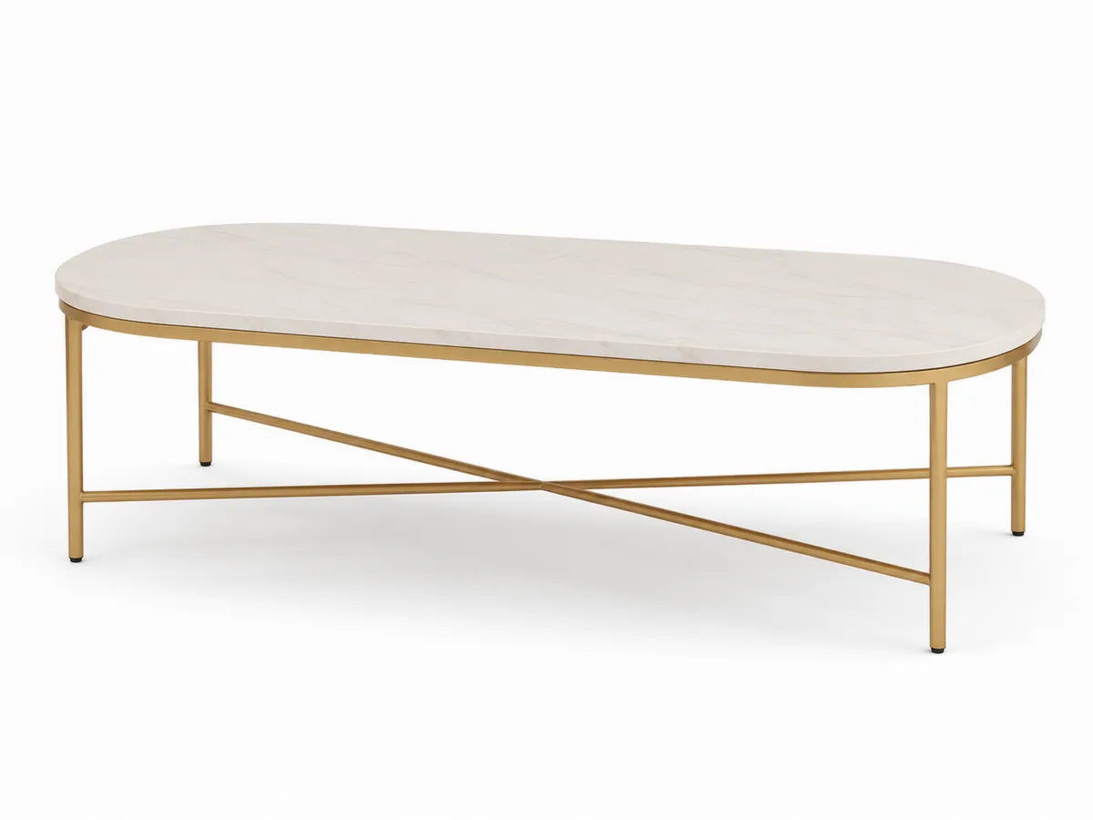 Stolik kawowy owalny biały marmur z metalowymi nogami 120x60x45 cm