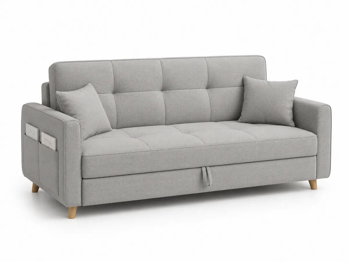 Sofa rozkładana z tkaniny szarej i drewnem bukowym 220 cm
