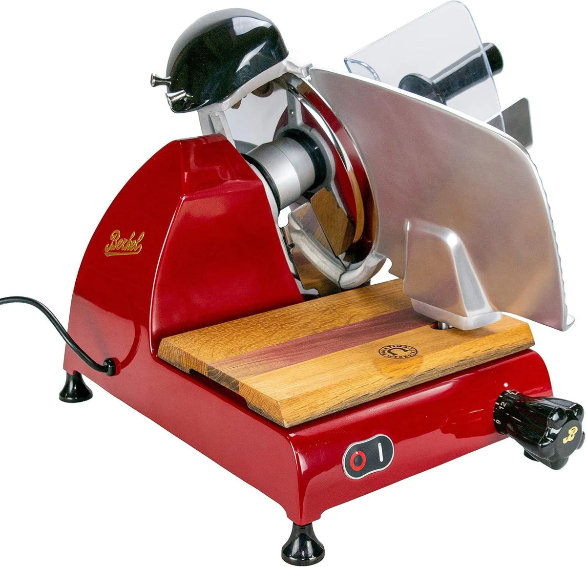 Biurko, 250 mm, Berkel Red Line 250 krajalnica uniwersalna, krajalnica czerwona + ręcznie wykonana deska z drewna beczkowego