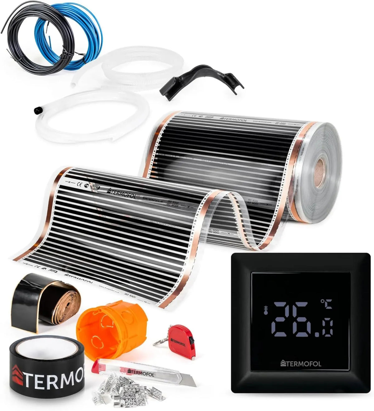 H6, 230 V, 220 W, Termofol Elektryczne ogrzewanie podłogowe folia grzewcza 230 V, z termostatem czarna, kompletny zestaw do ogrzewania podłogowego
