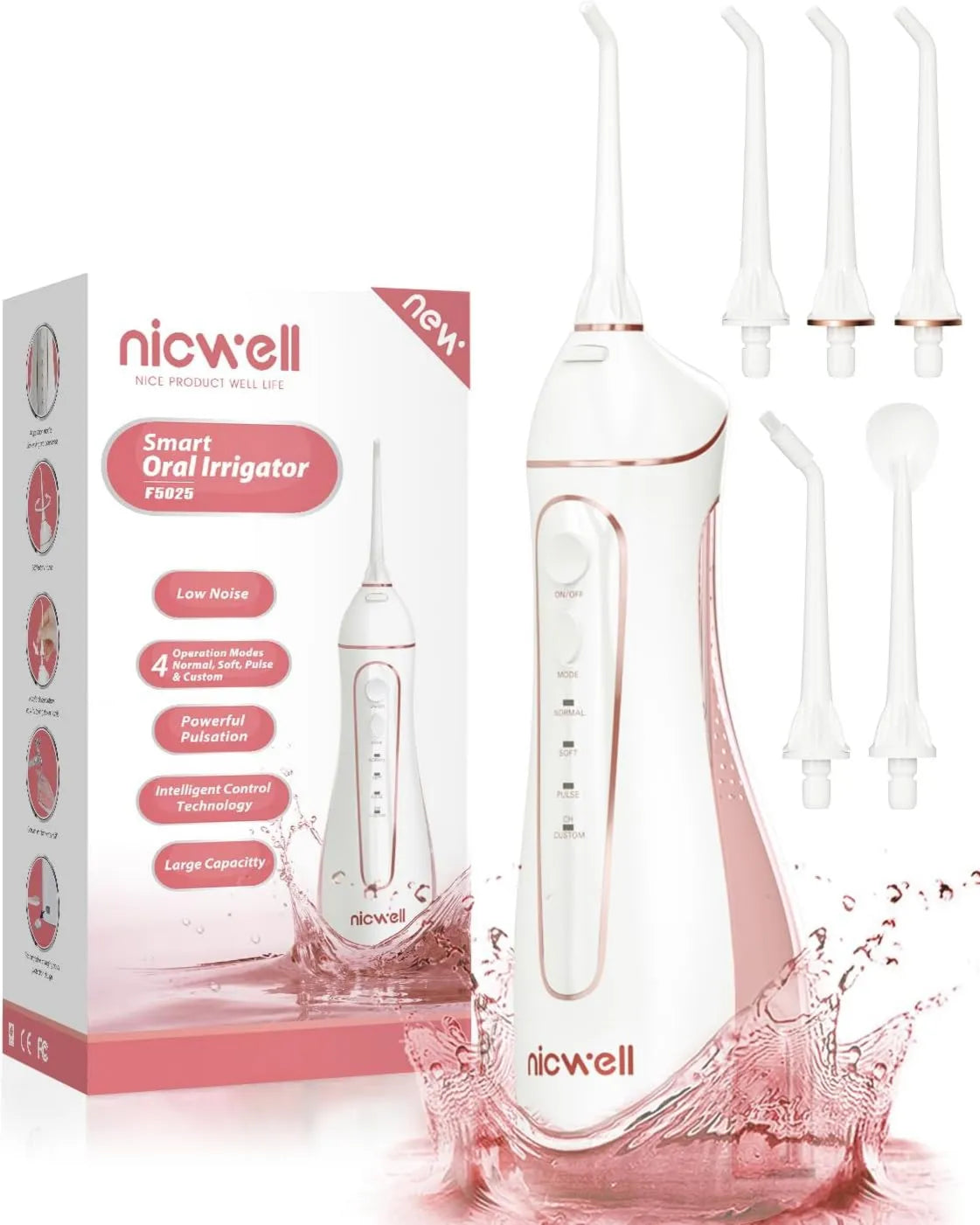 Nicwell, IPX7 elektryczny hydropulent dentystyczny, czyszczący, akumulator, przenośny, IP65, 4 tryby, bezprzewodowy, do zębów