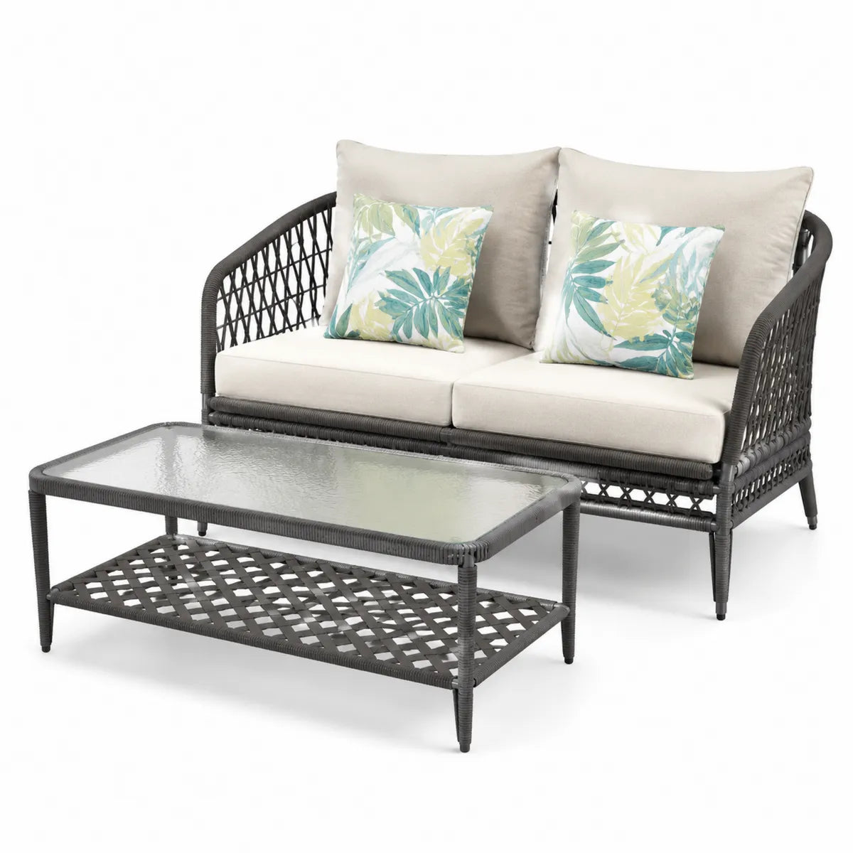 Zestaw mebli ogrodowych z technorattanu stół szklany 100x50cm sofa 2-osobowa szare poduszki