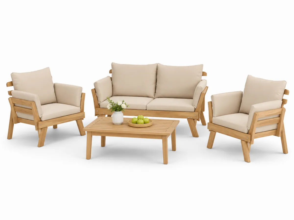 Zestaw mebli ogrodowych z drewna akacjowego z beżowymi poduszkami: sofa, 2 fotele, stół