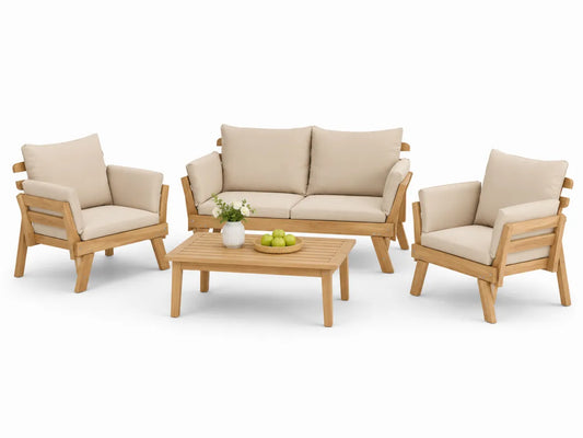 Zestaw mebli ogrodowych z drewna akacjowego z beżowymi poduszkami: sofa, 2 fotele, stół