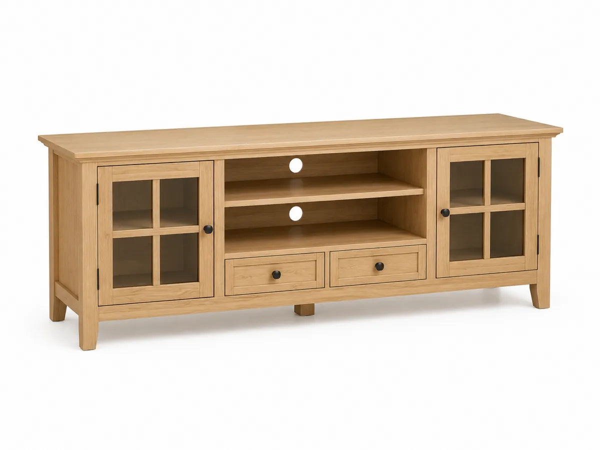 Dębowa szafka RTV z półkami i szklanymi drzwiami 150x45x60 cm