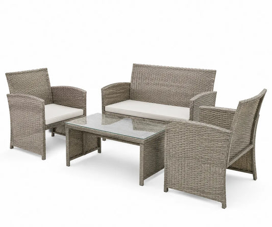 Zestaw mebli ogrodowych z technorattanu, 2 fotele + sofa + stolik, szary
