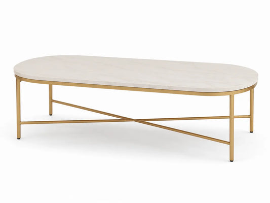 Stolik kawowy owalny biały marmur z metalowymi nogami 120x60x45 cm
