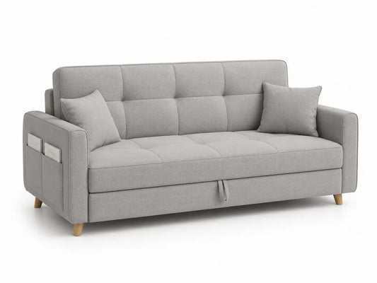 Sofa rozkładana z tkaniny szarej i drewnem bukowym 220 cm