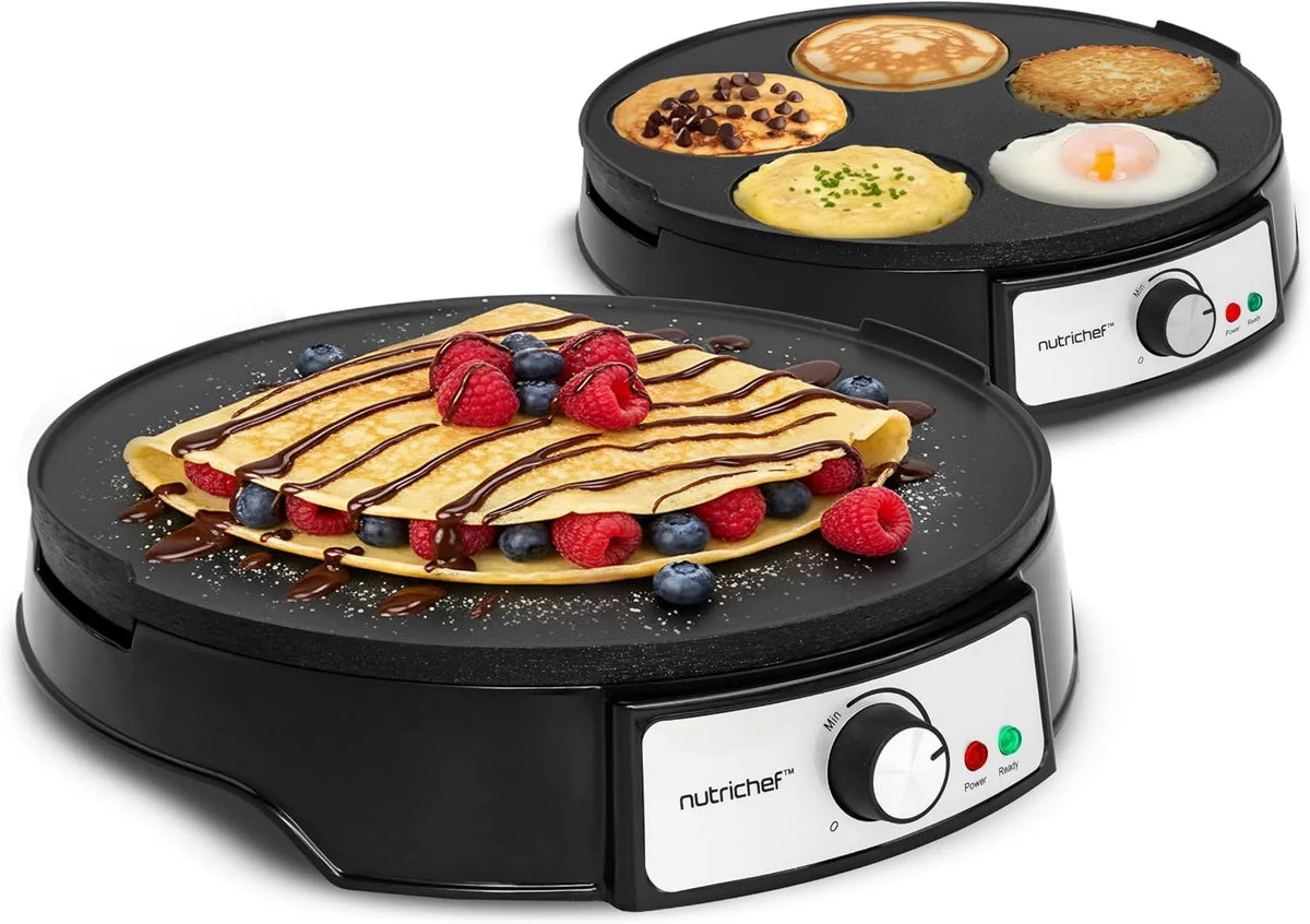 NutriChef, Elektryczne naleśniki Crêper Non- stick Regulowalne temperatury LED Spatula Wliczone, Żywotny Chef Crêpe Płyta Odwracalna 30 cm 2 w 1