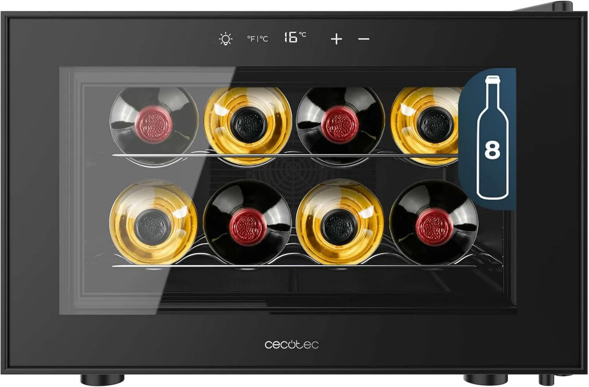 Cecotec chłodziarka do wina, Bolero GrandSommelier 800H Elektryczna piwnica na wino, 8 butelek, 8 do 18°C, dotyk, Temperatura 8 do 18 oC, Półki metalowe, Sterowanie 18oC