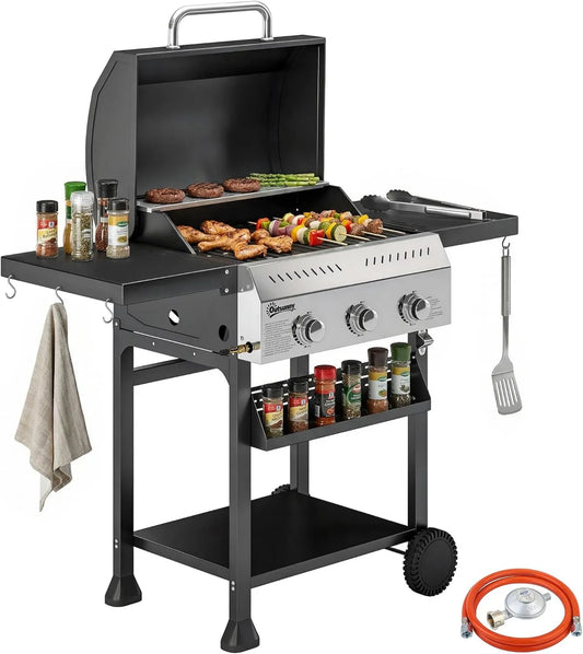 Outsunny grill gazowy, 3 palniki, funkcja grilla, uchwytem na przyprawy, dolną półką i 6 haczykami, emaliowany ruszt do grillowania