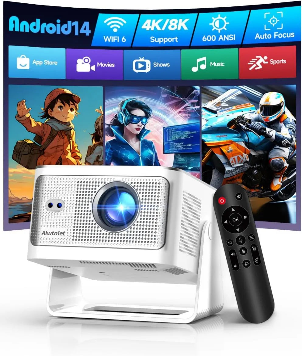 Alwtniet projektor, Smart TV 1080P, TV, 4K UHD, Wi-Fi, laptop, Bluetooth, Android OS, Full HD, Mini 4K 8K kompatybilny, 600 ANSI