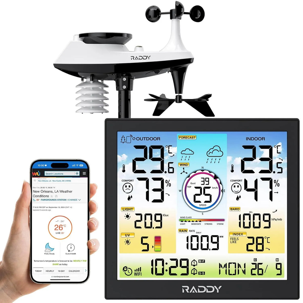 Raddy, Monitor, WF- 120C, na zewnątrz, Wi-Fi, profesjonalny, 2 strefy temperatury, Wi-Fi Profesjonalna stacja pogodowa, wskaźnik UV WF-120C