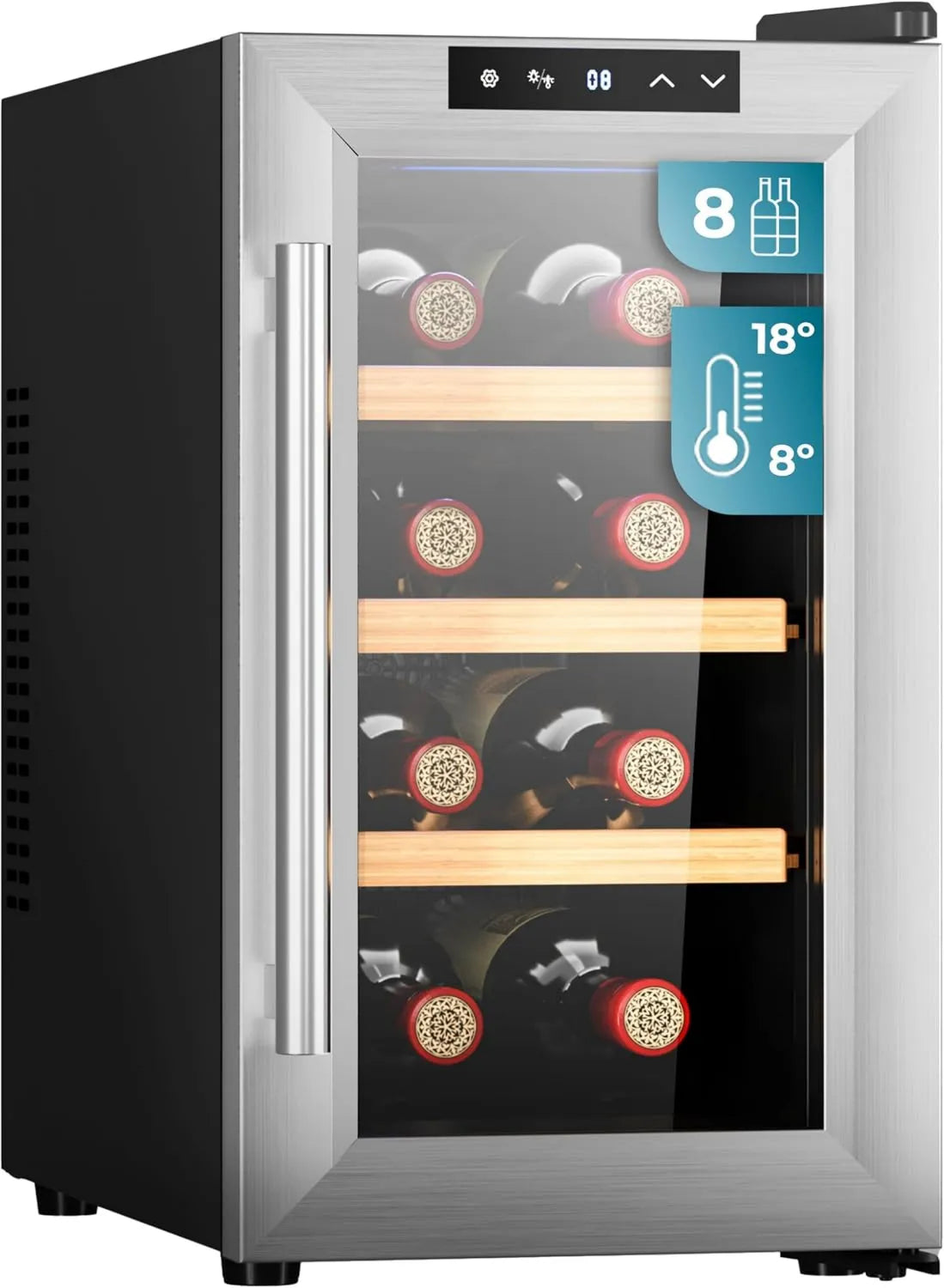 Cecotec chłodziarka do wina, Bolero GrandSommelier 830 Winiarnia elektryczna, 8 butelek, 8 do 18°C, dotyk, Regulowana temperatura: 8- 18°C, Termoelektryczne, Panel