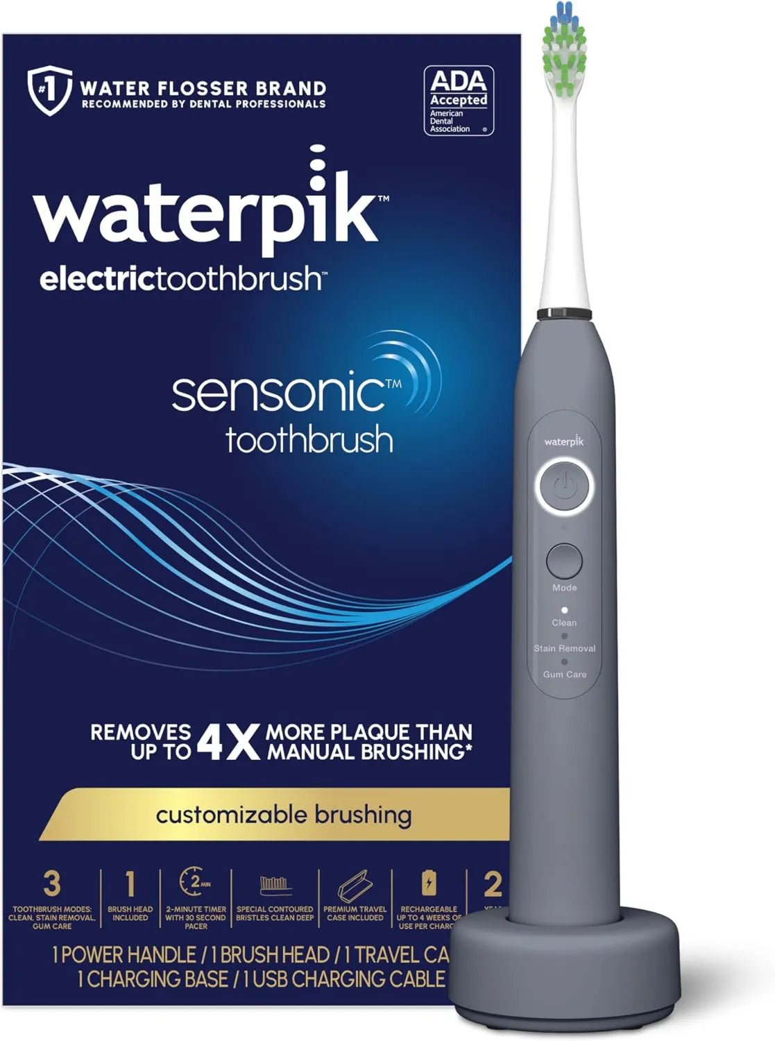 Waterpik, STW- 03 W027 ładowarka, szczotka, szczoteczka do zębów wielokrotnego ładowania, USB, 3 tryby, szary, dla dorosłych z 3 trybami STW-03 W027