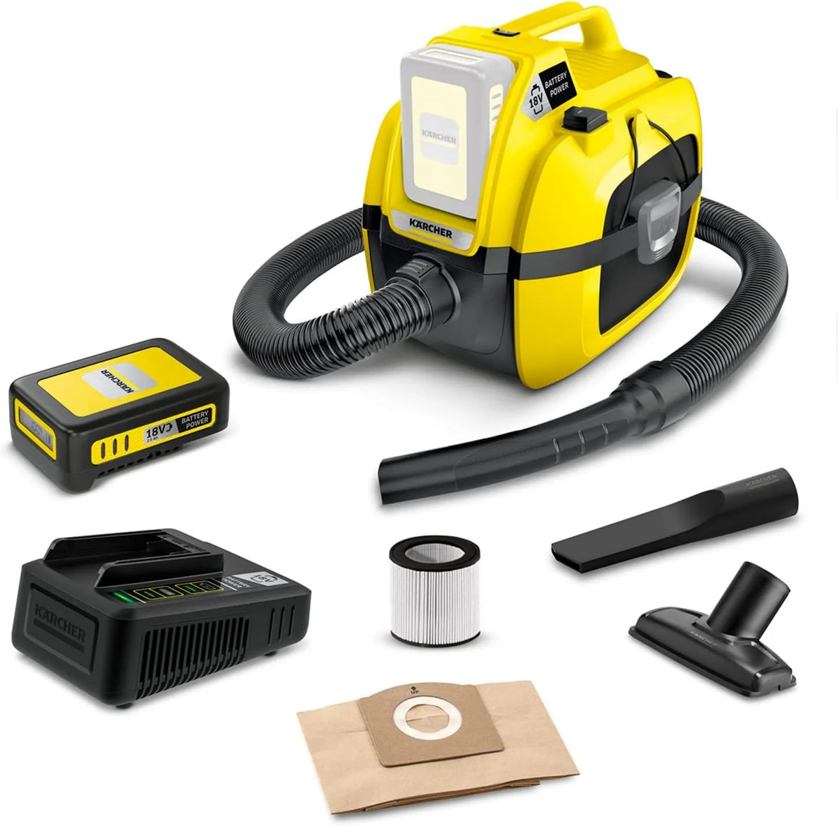 KÄRCHER, WD 1 Odkurzacz, 7 l, 230 W, 18 V, dotyk, akumulator 8 V / 2, 5 Ah i szybkie ładowanie Zawarte, wkład filtracyjny, Puchar Rozmiar: 7 l