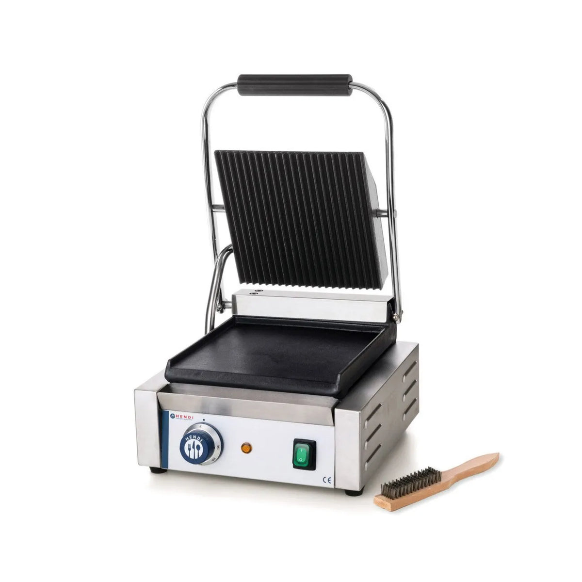 HENDI grill elektryczny, Grill kontaktowy Płyty elektryczne, gładkie i raniowane w Czcionce emaliowanej, do profesjonalnej płyty Panini, 230 V, 1800 W, 310x375x, Stal nierdzewna, 216 mm