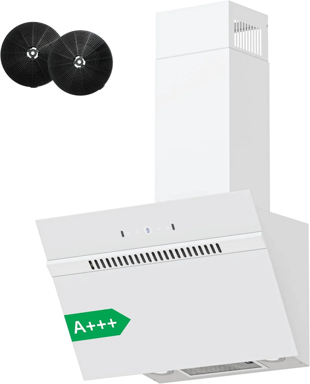 FIREGAS okap kuchenny, Okap próżniowy, 60 cm, 684 m3 / h, klasa energetyczna A, przechył, ewakuacja i recykling, montaż ścienny, dotyk, biały m3/h