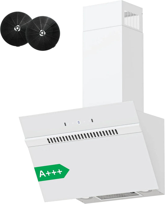 FIREGAS okap kuchenny, Okap próżniowy, 60 cm, 684 m3 / h, klasa energetyczna A, przechył, ewakuacja i recykling, montaż ścienny, dotyk, biały m3/h