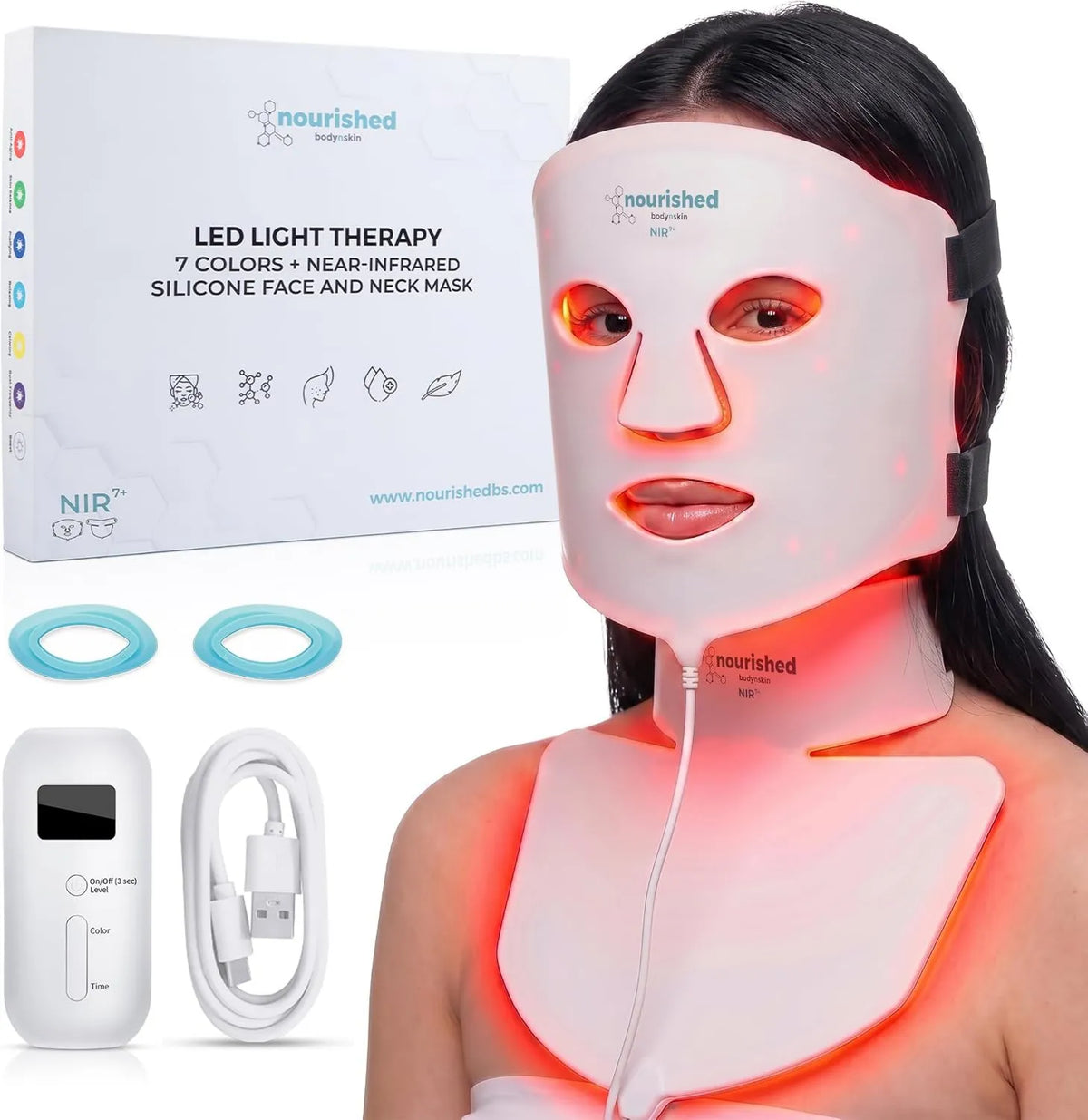 Nourished Bodynskin, Niebieska, czerwona terapia na światło twarzy, zabarwiona skóra Bodynskin 7- kolor twarzy LED i maski szyi z pobliżu podczerwieni, 912 LED, Pielęgnacja