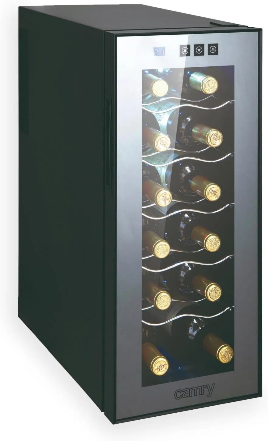 CAMRY chłodziarka do wina, Winiarnia elektryczna, piwnica winiarska - 33 l - 12 butelek - Chłodnica do wina - Minilodówka, oświetlenie LED, minibar