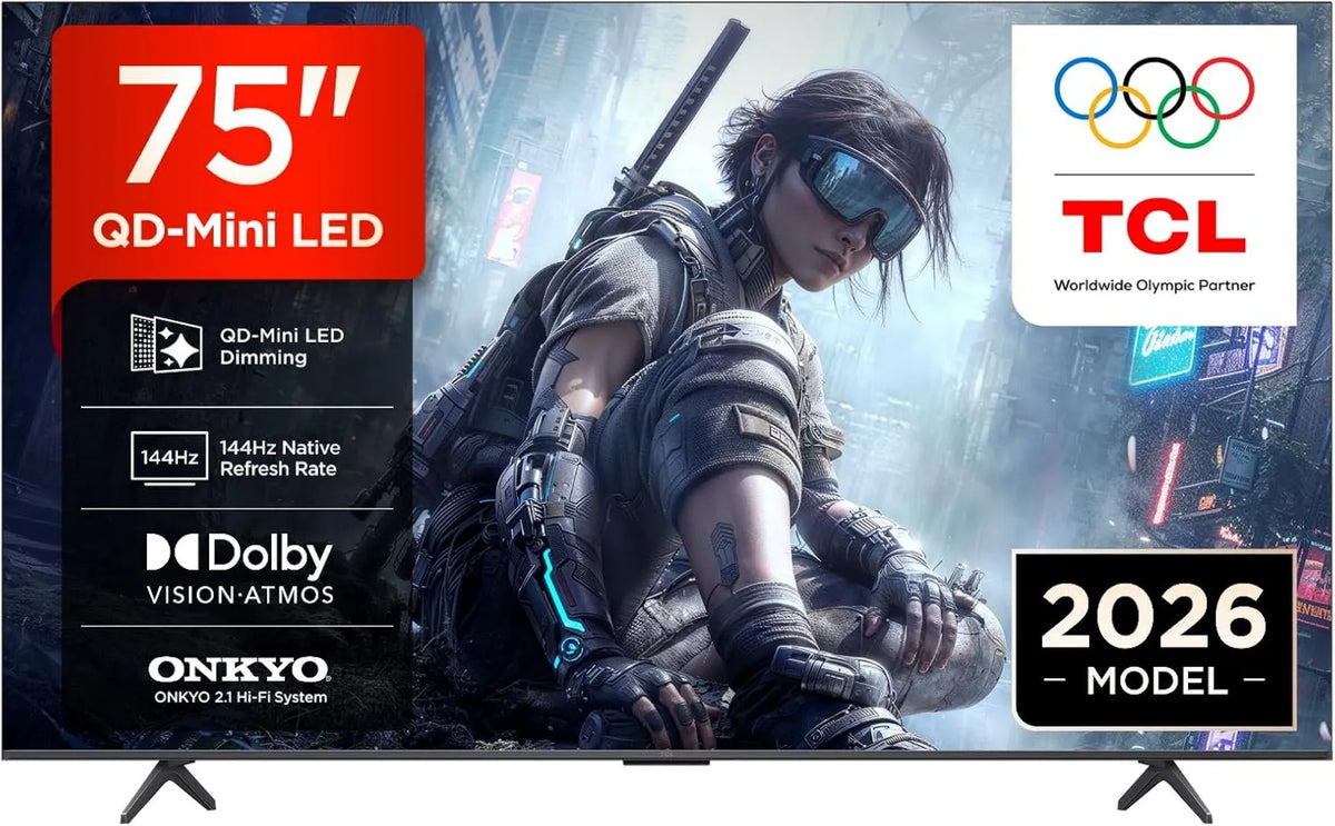TCL telewizor, Google 75T8D Smart TV, 75 cali, 144 Hz, TV, 4K UHD, QLED, HDR, HDR10 + & Atmos, Dolby Vision, Sound Onkyo 2, 144 Hz VRR, FreeSync Premium