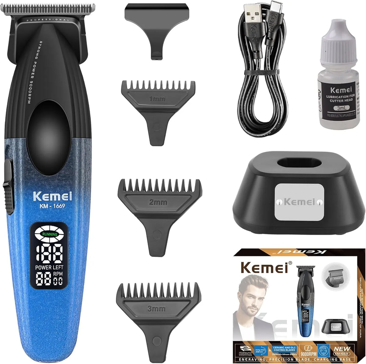 KEMEI maszynka do strzyżenia, 1669 LED wyświetlacze, 1669 Men 's Beard Mower Wireless, DLC T Blade