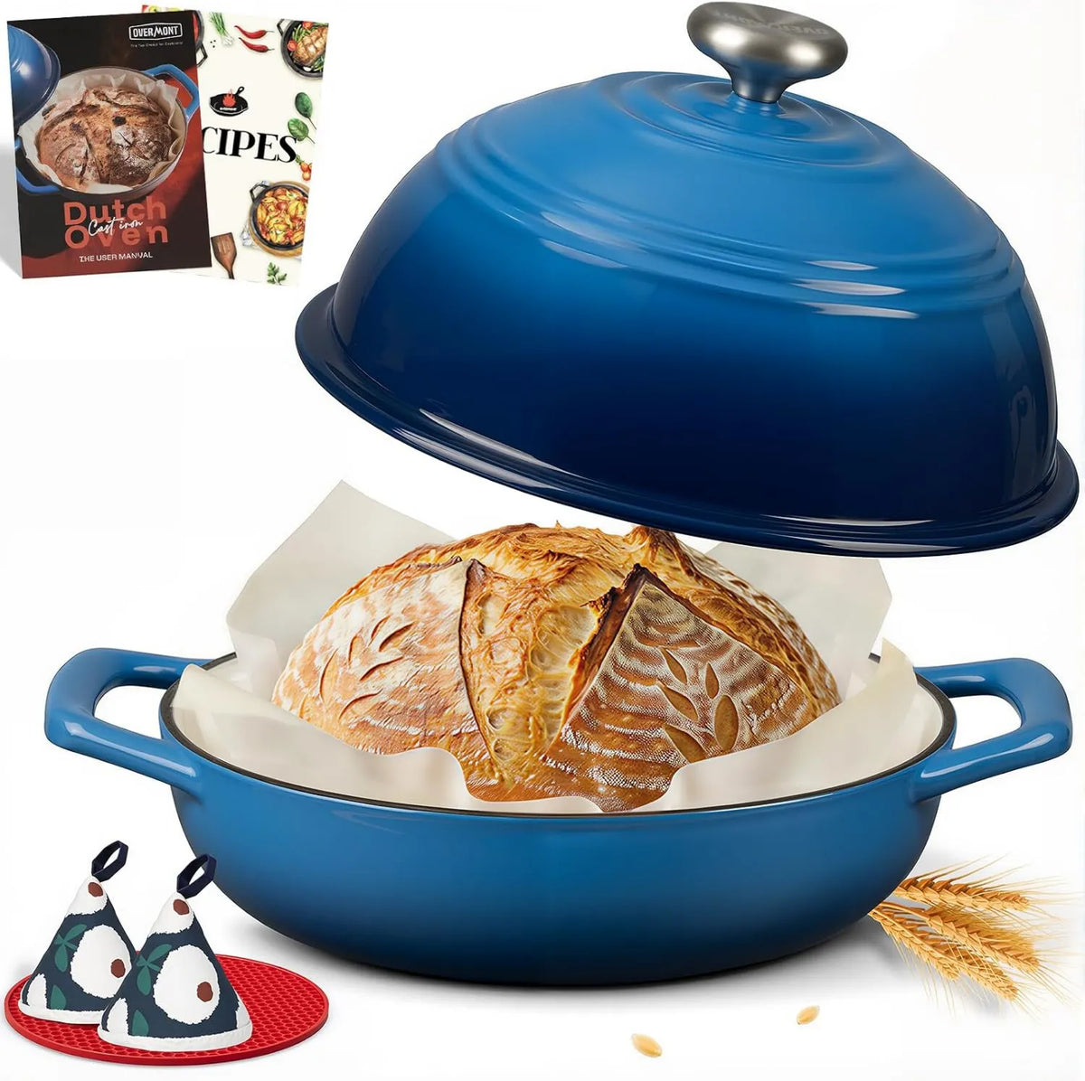 OVERMONT, Piec elektryczny, 5, 7 l, odlewane żelazo, niebieski, Cocotte w Chleb enameled Font, 7 l Fairy z okładką i książki przepisów