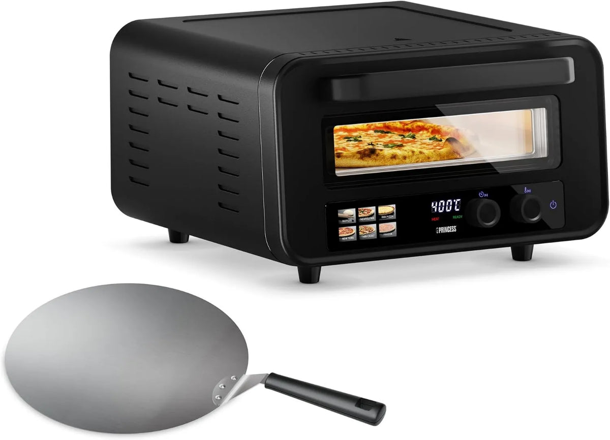 Princess piec do pizzy, Księżniczka Elektryczny mini piekarnik do pizzy, 15 l, 2100 W, przenośne, na zewnątrz, dotyk, zegar, kamień i pelle Zawarte, 400°C, 112780, Sterowanie